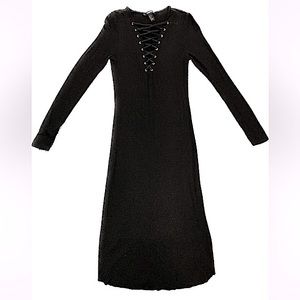 A06 Forever 21 Ribbed Midi Dress Black Lace Up V Neck Knit Bodycon sz Small